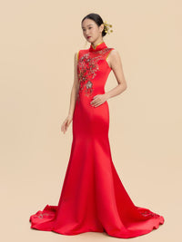Sanmao Bespoke Qipao - Floral Embroidery Red Mermaid Wedding Cheongsam