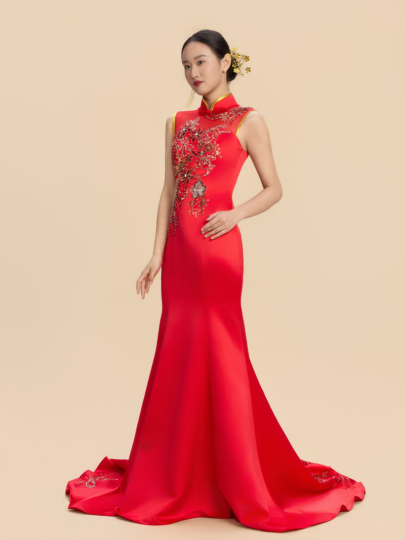 Sanmao Bespoke Qipao - Floral Embroidery Red Mermaid Wedding Cheongsam