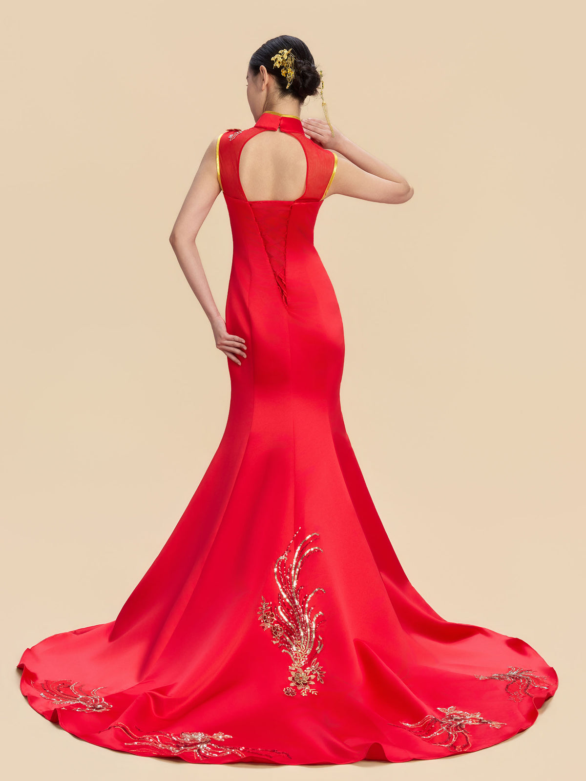 Sanmao Bespoke Qipao - Floral Embroidery Red Mermaid Wedding Cheongsam