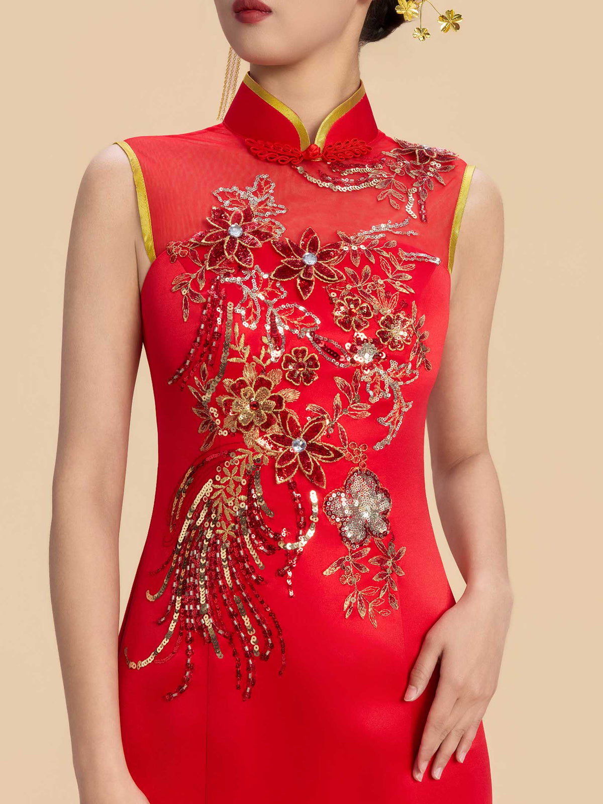 Sanmao Bespoke Qipao - Floral Embroidery Red Mermaid Wedding Cheongsam