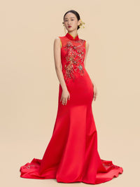 Sanmao Bespoke Qipao - Floral Embroidery Red Mermaid Wedding Cheongsam