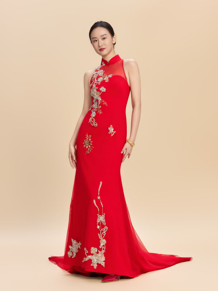 Serena Bespoke Qipao - Floral Embroidery Red Chinese Wedding Dress Cheongsam