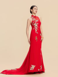 Serena Bespoke Qipao - Floral Embroidery Red Chinese Wedding Dress Cheongsam