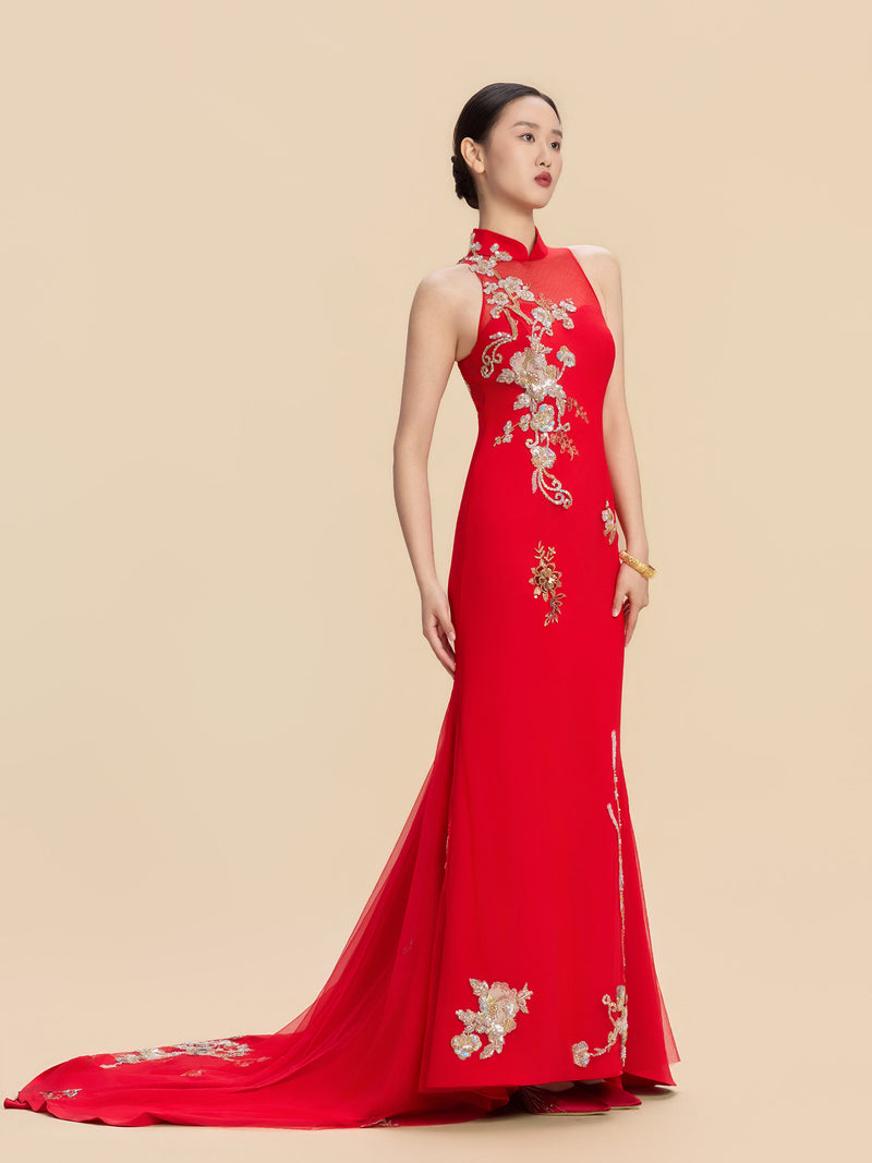 Serena Bespoke Qipao - Floral Embroidery Red Chinese Wedding Dress Cheongsam