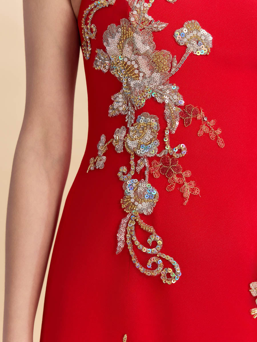 Serena Bespoke Qipao - Floral Embroidery Red Chinese Wedding Dress Cheongsam