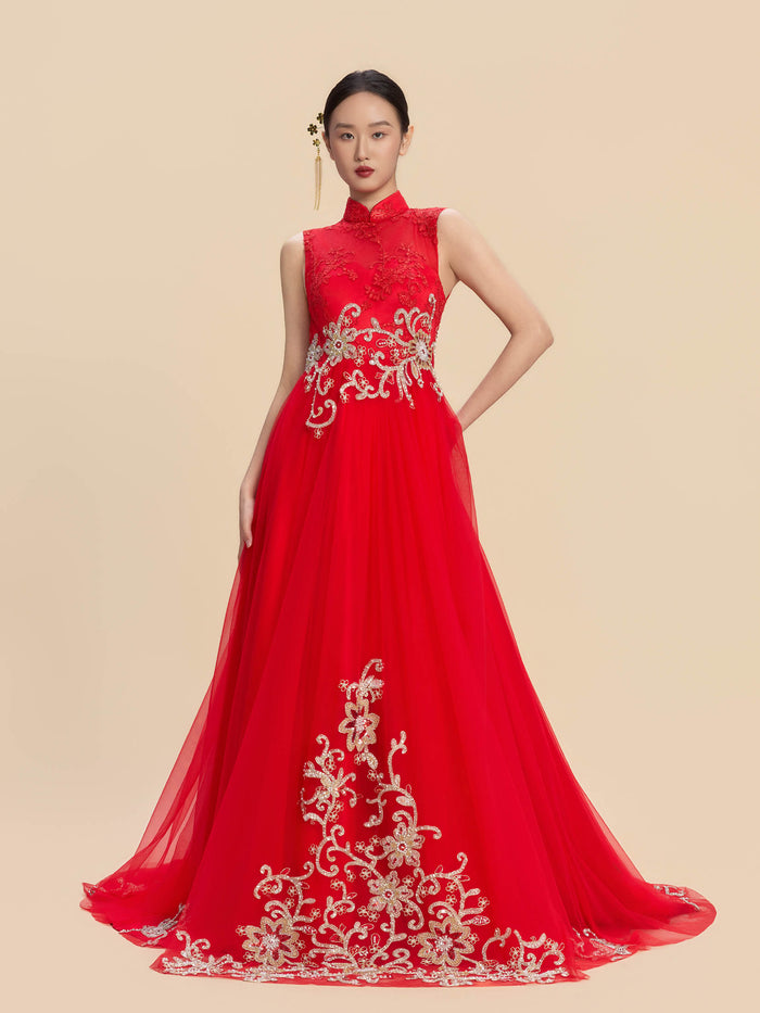 Sophia Bespoke Qipao - Golden Embroidered Chinese Wedding Dress Cheongsam