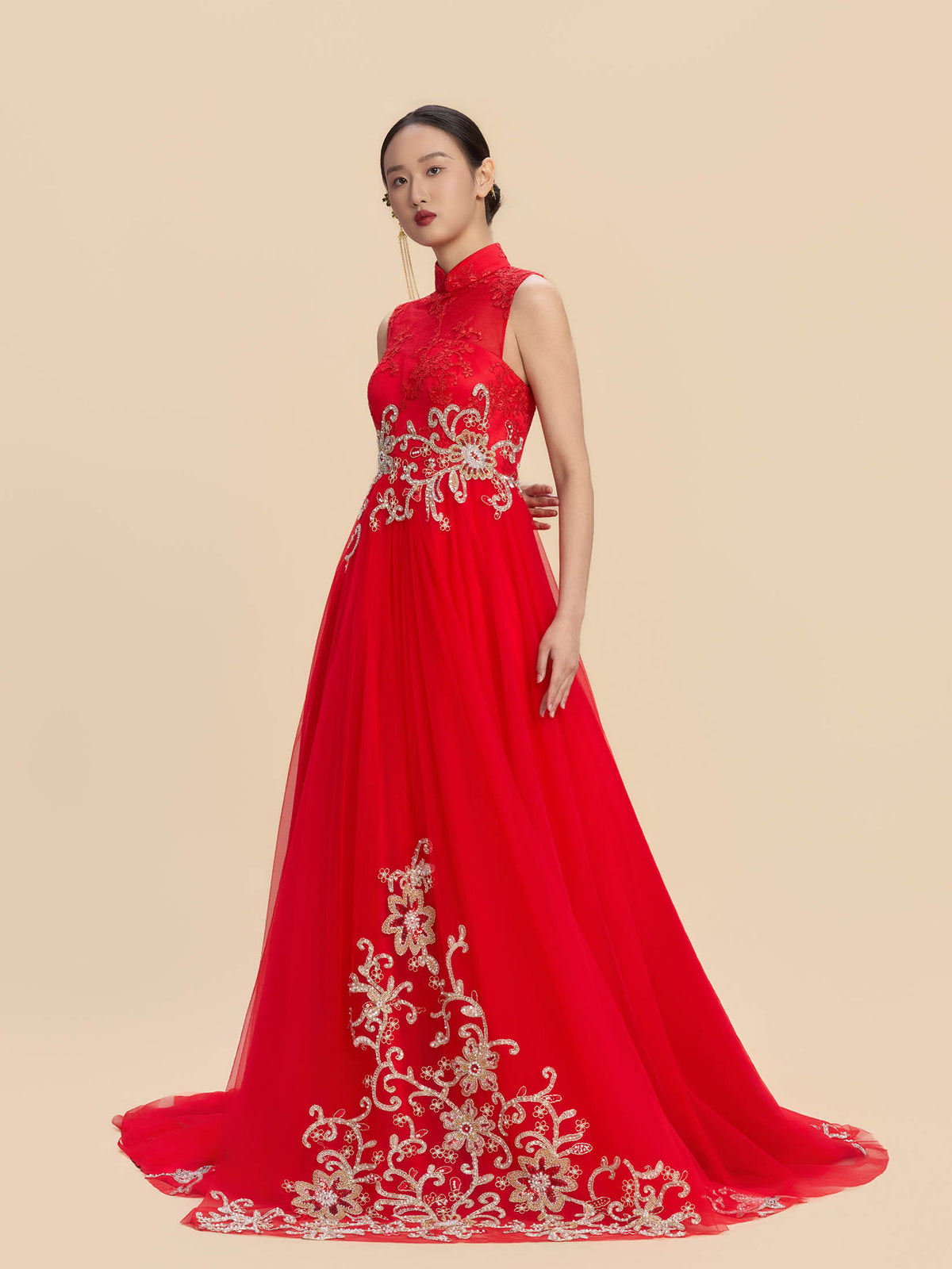 Sophia Bespoke Qipao - Golden Embroidered Chinese Wedding Dress Cheongsam
