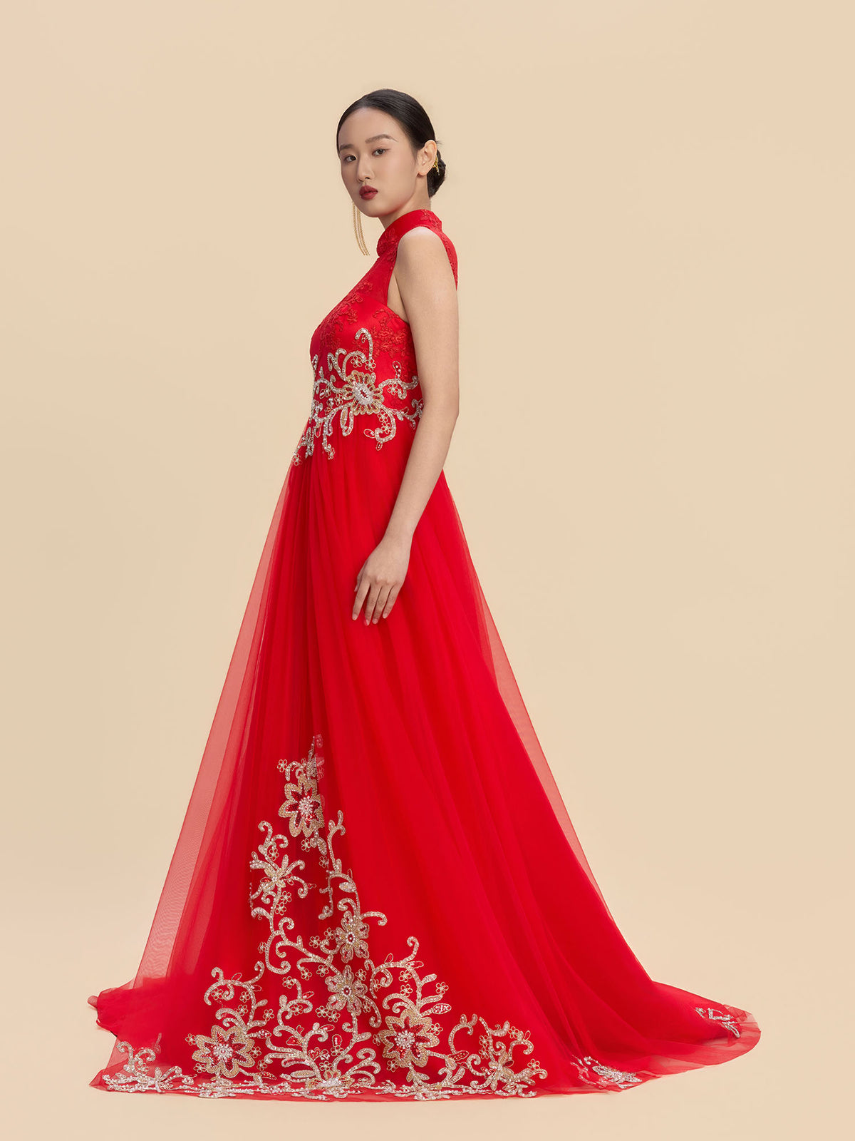 Sophia Bespoke Qipao - Golden Embroidered Chinese Wedding Dress Cheongsam