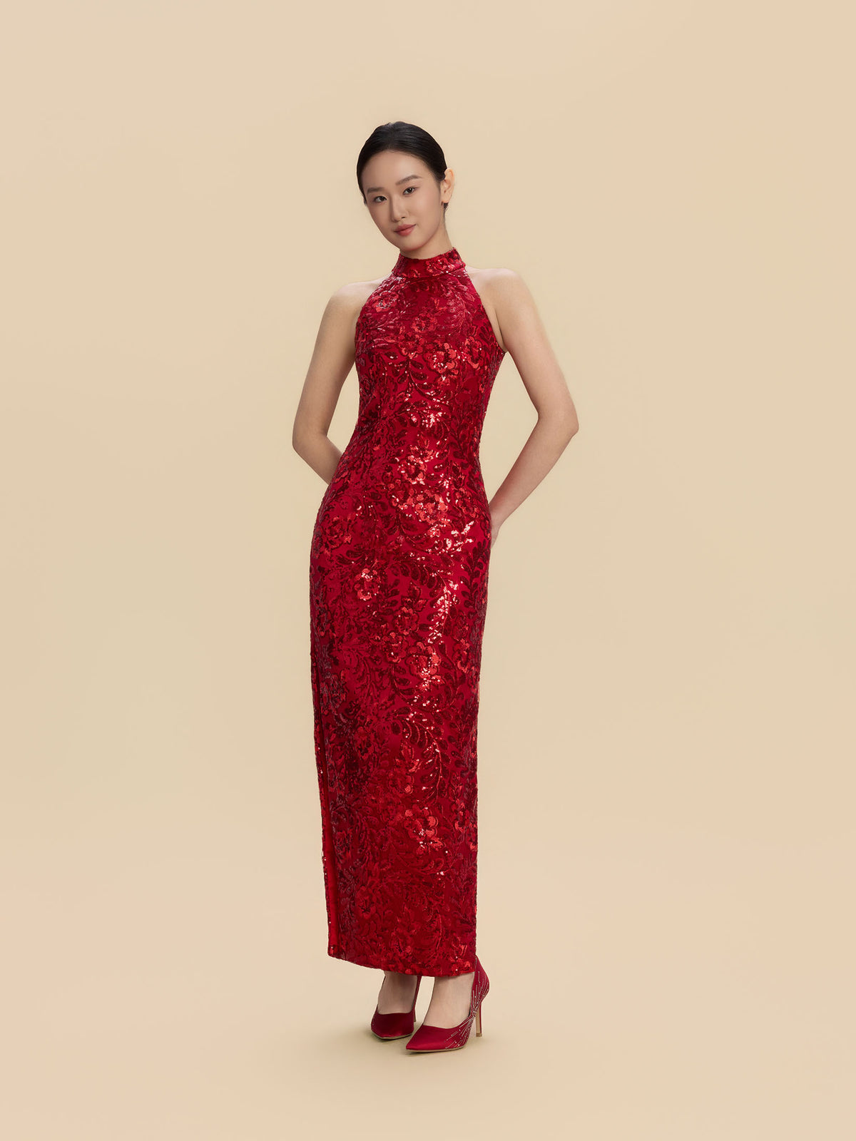 Valentina Bespoke Qipao -  Red Sequins Fabric Cheongsam