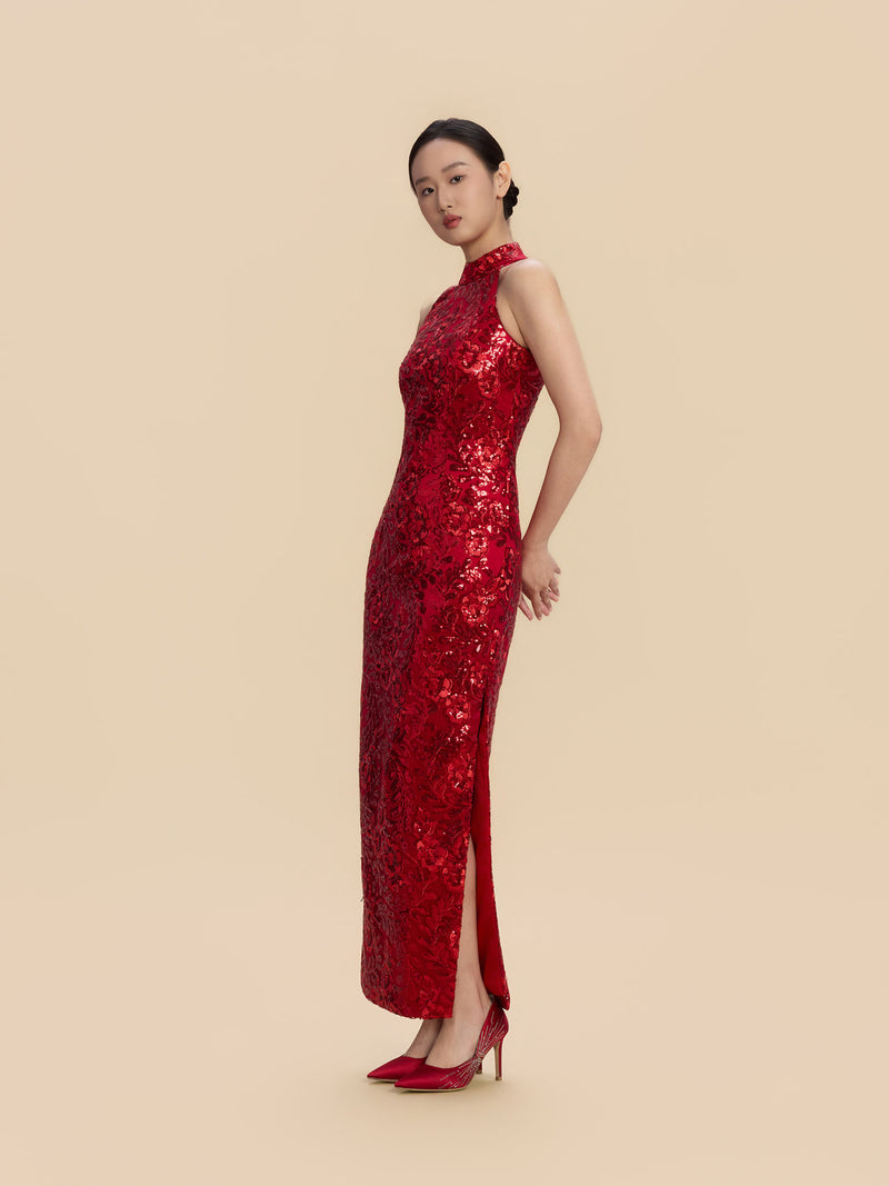 Valentina Bespoke Qipao -  Red Sequins Fabric Cheongsam