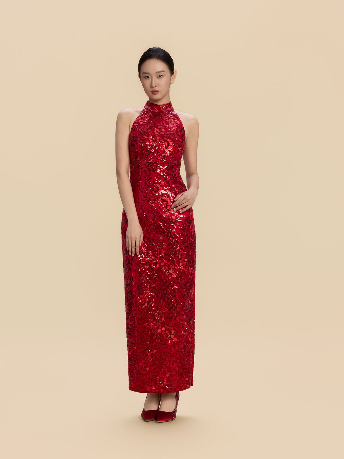 Valentina Bespoke Qipao -  Red Sequins Fabric Cheongsam