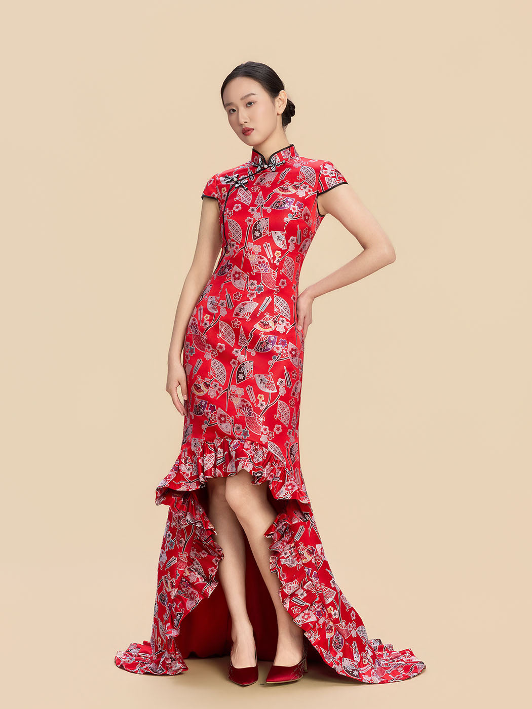 Yayoi Bespoke Qipao - Red Printed Chinese Mermaid Cheongsam