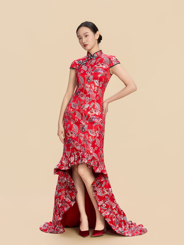 Yayoi Bespoke Qipao - Red Printed Chinese Mermaid Cheongsam