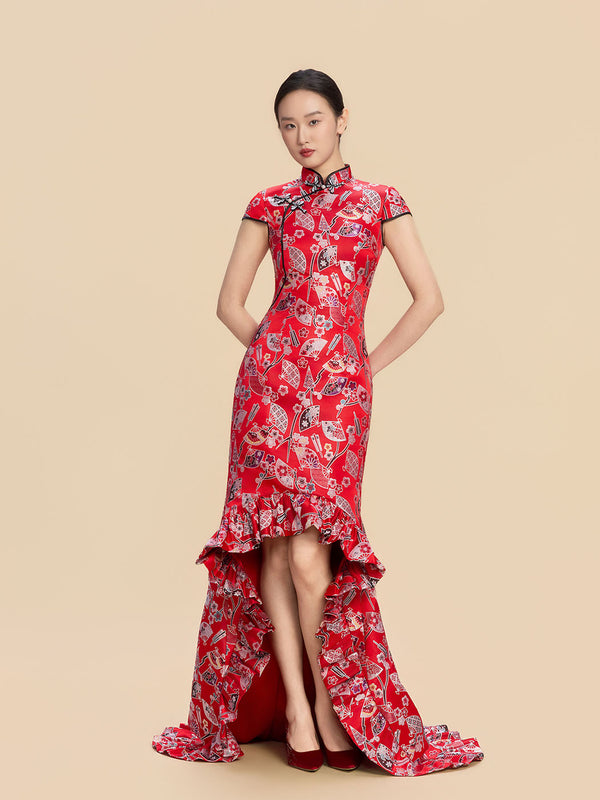 Yayoi Bespoke Qipao - Red Printed Chinese Mermaid Cheongsam