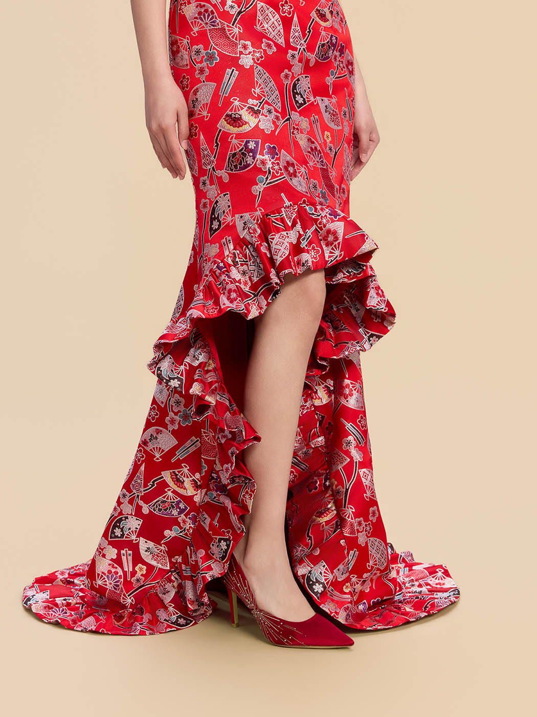 Yayoi Bespoke Qipao - Red Printed Chinese Mermaid Cheongsam
