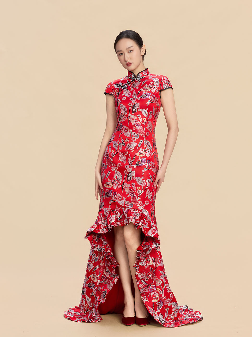 Yayoi Bespoke Qipao - Red Printed Chinese Mermaid Cheongsam